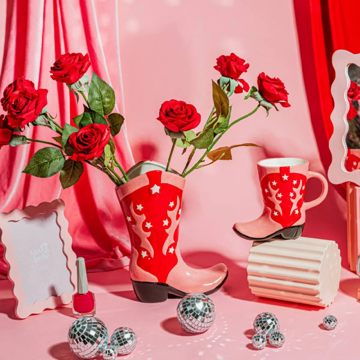 Clearance Sass and Belle Cowboy Boot Pink & Red Vase