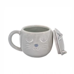 Outlet Sass and Belle Crackle Glaze Grey Cat Mug with Lid