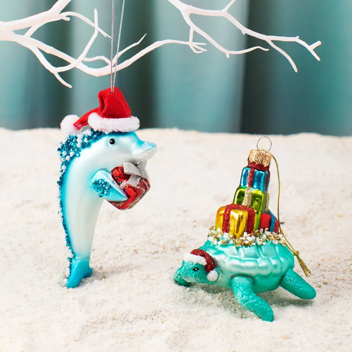 Hot Sass and Belle Festive Dolphin with Present Shaped Bauble