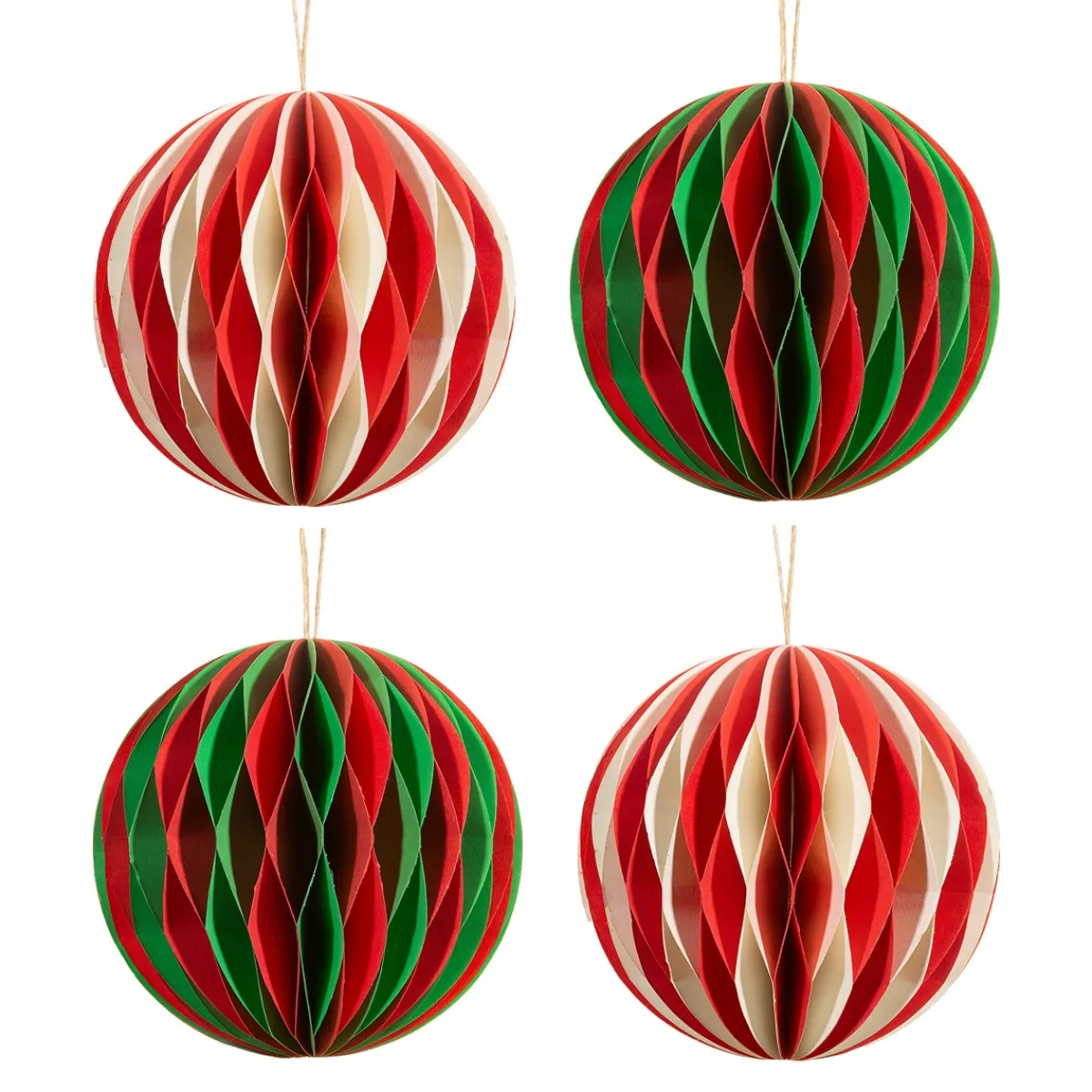 New Sass and Belle Red, White & Green Honeycomb Paper Hanging Decorations - Set of 4