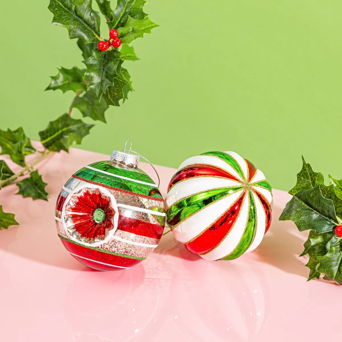 Online Sass and Belle Striped Red, Green & White Bauble