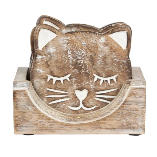 Best Sass and Belle Wooden Brown Carved Cat Coaster - Set of 6