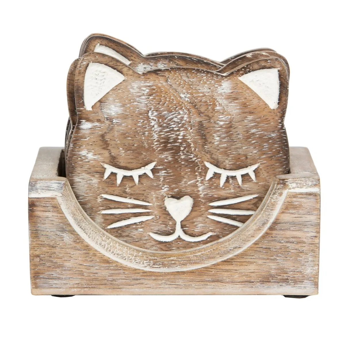 Best Sass and Belle Wooden Brown Carved Cat Coaster - Set of 6