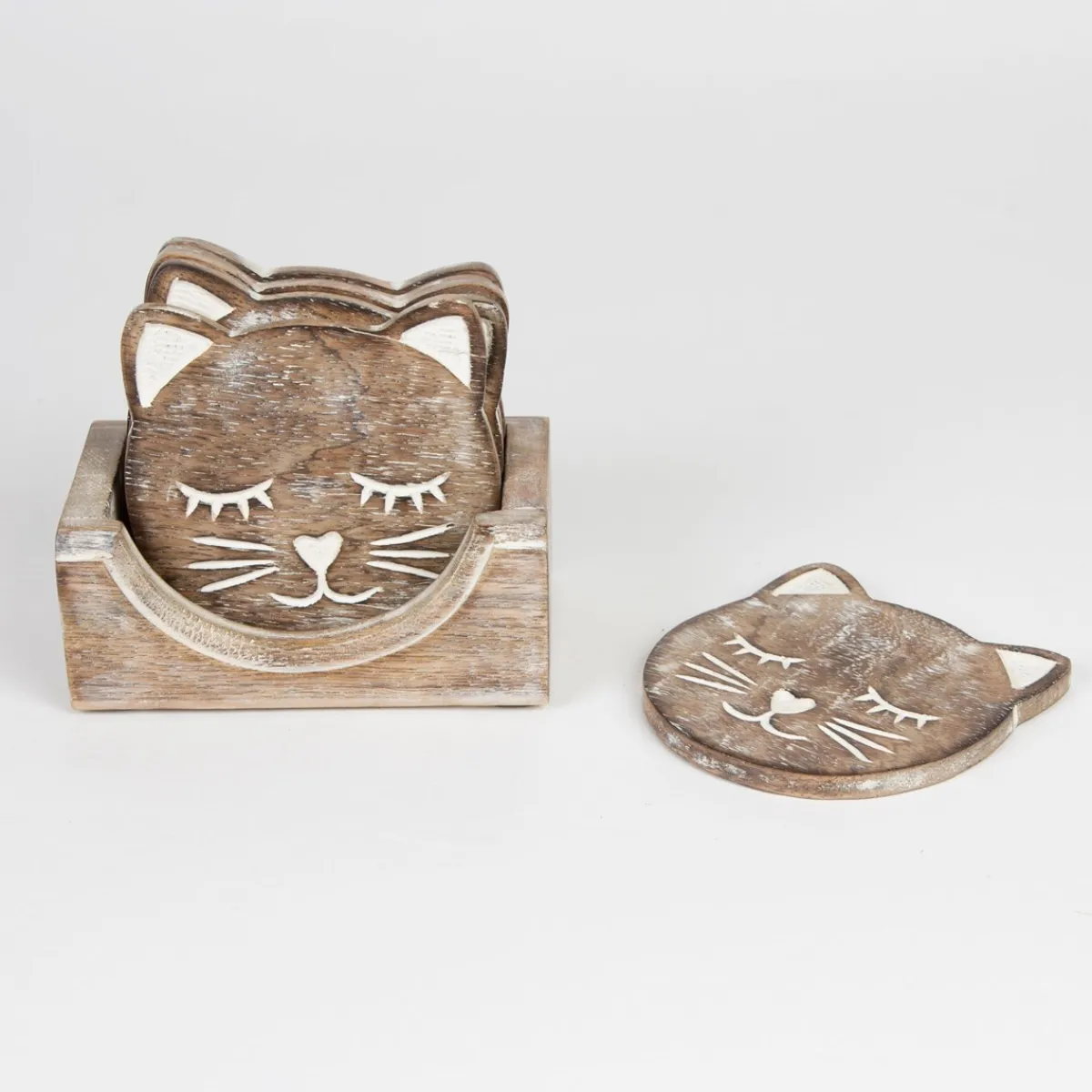 Best Sass and Belle Wooden Brown Carved Cat Coaster - Set of 6