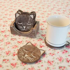 Best Sass and Belle Wooden Brown Carved Cat Coaster - Set of 6